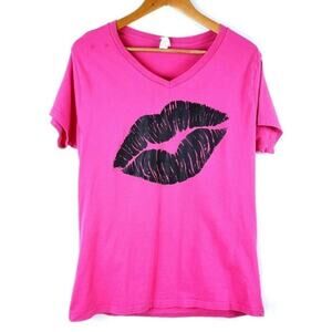 Lane Seven Lips Kiss Bright Neon Pink Graphic 1980's Style 80's Theme T Shirt XL